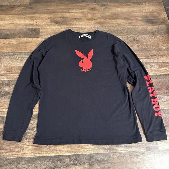 PLAYBOY by PacSun T-Shirt Mens Medium Black w/Red Logo Long Sleeve Casual Soft - Picture 1 of 7